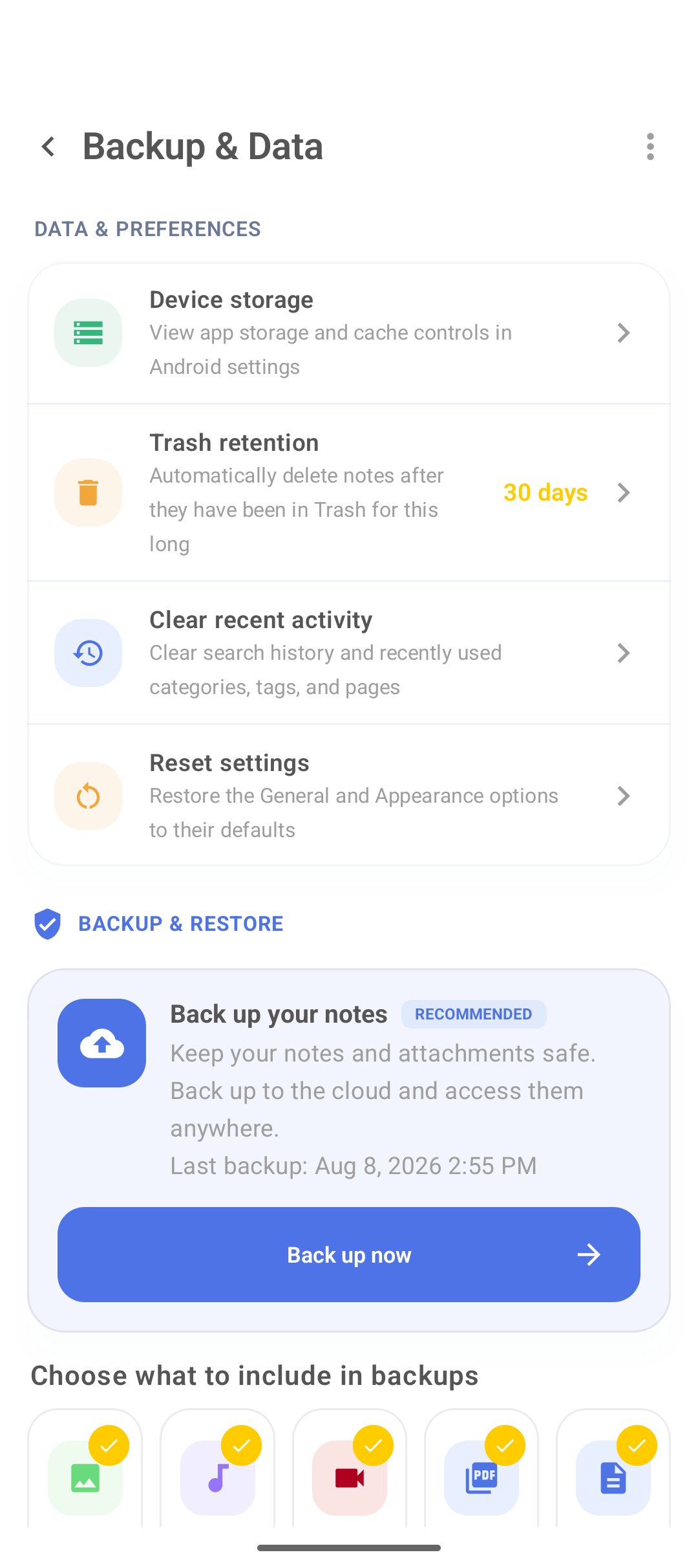 Backup and Data with Back up now and media types