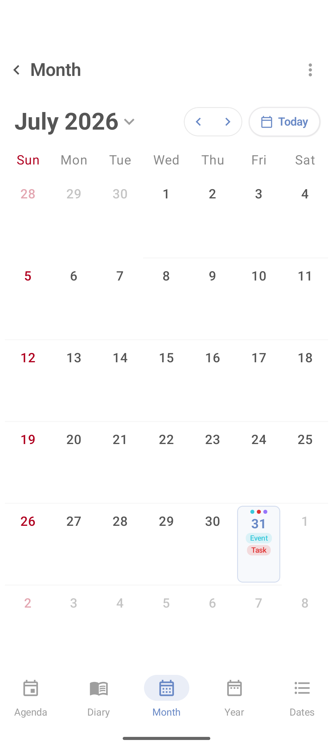 DicaNote monthly calendar