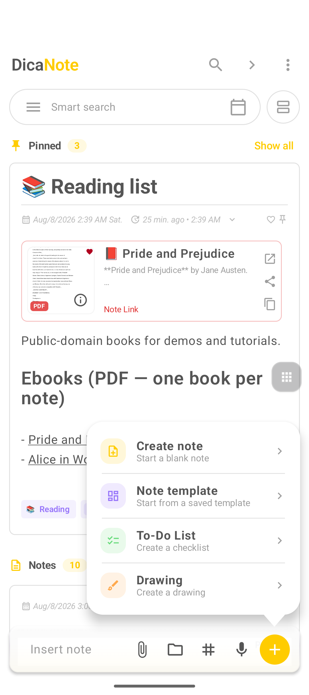DicaNote + menu with To-Do List option