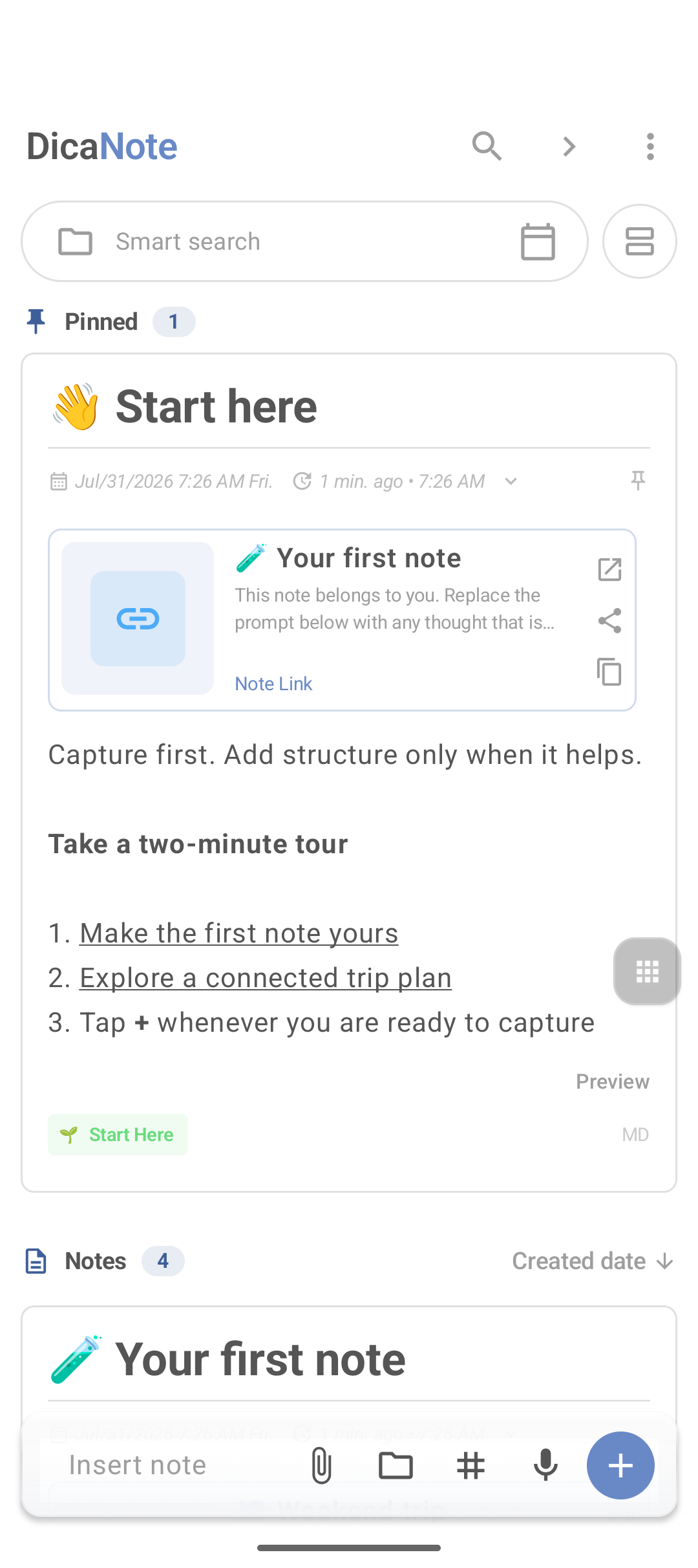 DicaNote home screen